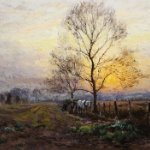 An impressionistic image of a landscape. In the foreground is a tree barren of leaves with a white horse and cart beneath it. A sunset shines through the branches. Upright hay bales are on the left. on September 20, 2024